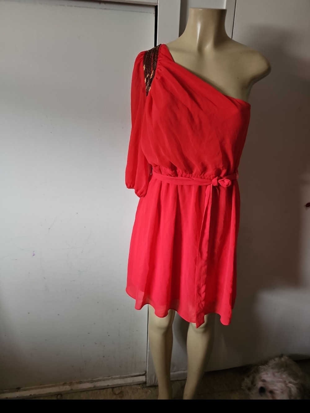 Forever 21 One-Shoulder Coral Pink Chiffon Dress with Sequin Shoulder